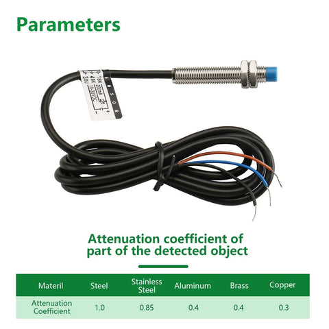 Inductive Proximity Sensor Switch M8 For 3D Printer And CNC, NPN NC, DC 10 To 30V, 2mm Detection, three-wire detail view