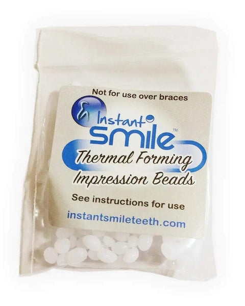 Replacement Thermal Adhesive Beads For Fake Teeth, Waterproof White Beads, 8 Pack Set in package with label instructions