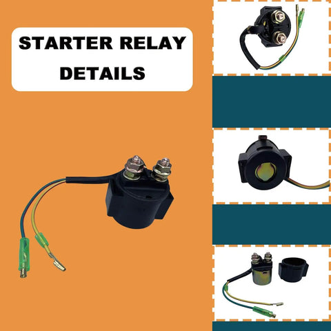 Starter relay details from the Ignition Coil CDI Box Plug And Play Replacement Kit For Honda Recon 250 TRX250TE TM 2002 2004 TRX250EX 2001 2008 TRX250X 2009 2019 With Voltage Regulator Rectifier Starter Relay Solenoid Fuel Filter Oil Filter Spark Plug