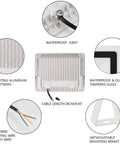 JUDYSSY Solar Flood Lights Led Floodlight 100W, showing waterproof joint and die-casting aluminum heatsinks details.