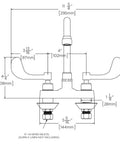 Technical diagram of Commander Centerset Bathroom Faucet With 4-Inch Wrist Blade Handles In Chrome, 0.5 GPM Flow, solid brass.