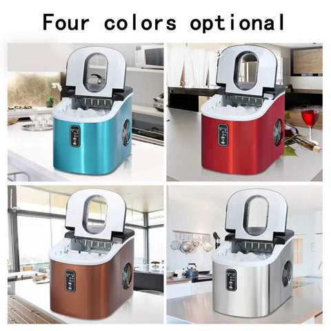 Compact Countertop Ice Maker Machine Sporting A Sleek Stainless Steel Build Effortlessly Dispenses Crystal Clear Ice Cubes 220V Powered in four color options.