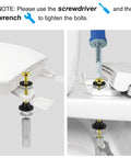 Installation guide for Rock Solid Universal Toilet Seat Bolt Kit showing screws and tools for secure application.