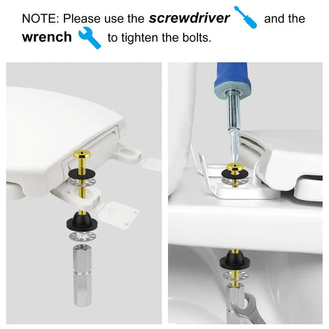 Installation guide for Rock Solid Universal Toilet Seat Bolt Kit showing screws and tools for secure application.