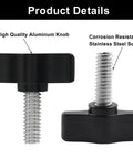 4 Pack Stainless Steel Thumb Screws With Black Aluminum Knobs 1/4-20 x 3/4 Inch Tee Wing Hardware shown front and side