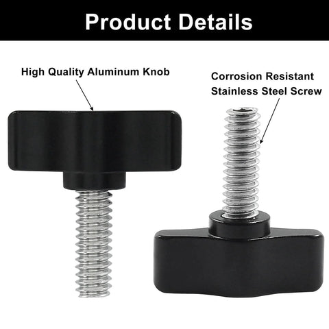 4 Pack Stainless Steel Thumb Screws With Black Aluminum Knobs 1/4-20 x 3/4 Inch Tee Wing Hardware shown front and side