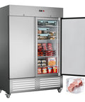 54 Inch Wide Two Door Commercial Freezer Featuring 49 Cubic Feet Of Sleek Stainless Steel Build And Automated Digital Thermostat Control, open with food storage inside.