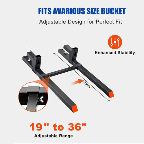 Heavy Duty 60 Inch Extendable Forks For Tractor Bucket And Mini Skid Steer, 4000 Lbs Capacity with adjustable width
