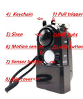 Portable Mini Motion Detector Alarm With 120dB Siren And SOS LED Light showing keychain, buttons, and sensor