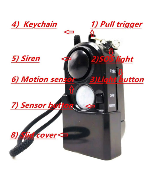 Portable Mini Motion Detector Alarm With 120dB Siren And SOS LED Light showing keychain, buttons, and sensor