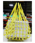 Rock Solid Heavy Duty Lifting Sling Net With Rugged Nylon Webbing for safe truck trailer towing, holding white cargo securely.