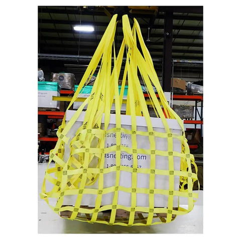 Rock Solid Heavy Duty Lifting Sling Net With Rugged Nylon Webbing for safe truck trailer towing, holding white cargo securely.