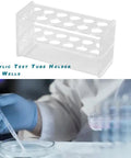 Clear Acrylic Test Tube Holder Rack 2x6 Wells For 50mL Tubes Lab Stand on benchtop with 12 sockets and scientist using pipette