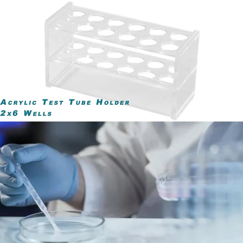 Clear Acrylic Test Tube Holder Rack 2x6 Wells For 50mL Tubes Lab Stand on benchtop with 12 sockets and scientist using pipette