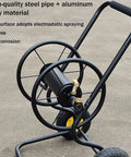 Heavy Duty Garden Hose Reel And Portable Hand Push Hose Cart With Inflatable Wheels showing black steel and aluminum construction.