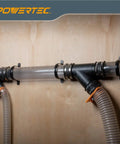 4 Inch Dust Collection Hose and Pipe Hanger Set With Mounting Screws 5 Pack installed on wall, securing hoses neatly