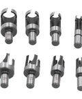 Rugged Carbon Steel Wood Plug Drill Bit Cutter Set With Spiral Claw Design Eight Piece Kit on a white background