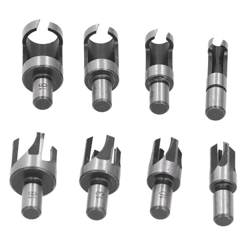 Rugged Carbon Steel Wood Plug Drill Bit Cutter Set With Spiral Claw Design Eight Piece Kit on a white background