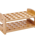 Wooden 24-Hole Bamboo Test Tube Rack Rectangle Lab Organizer For 20mm Diameter Tubes, side view showing holes and sturdy construction.