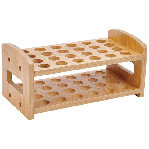 Wooden 24-Hole Bamboo Test Tube Rack Rectangle Lab Organizer For 20mm Diameter Tubes, side view showing holes and sturdy construction.