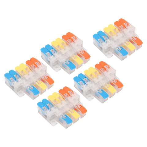 3 In 6 Out Quick Wiring Splice Cable Connector 41A 450V with red copper contacts, clear PA fire retardant housing, five units displayed