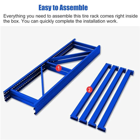 Assembly components of the Badass Adjustable Tire Display Rack, blue steel frame and rails for easy setup.