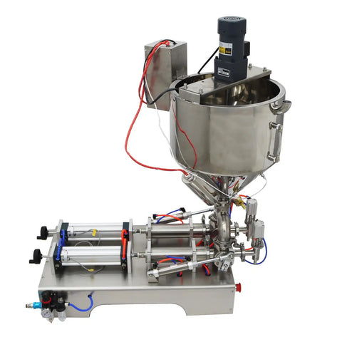 Dual Head Piston Filling Machine For Viscous Sauces And Creamy Lotions With Heated Hopper No Sweat Operation 50 To 500 Milliliter Capacity 110 Volt - Stainless steel construction with motor and valves.