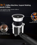 2 in 1 Coffee Machine for capsule and ground coffee, featuring a sleek metallic design and easy-to-use coffee portafilter.