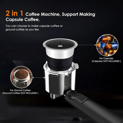 2 in 1 Coffee Machine for capsule and ground coffee, featuring a sleek metallic design and easy-to-use coffee portafilter.