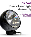 12 Volt Black Headlight Assembly Replacement For Baja Mini Bike MB200 With 35 Watt Bulb Included Easy Bolt On Fit And All Black Finish