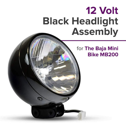 12 Volt Black Headlight Assembly Replacement For Baja Mini Bike MB200 With 35 Watt Bulb Included Easy Bolt On Fit And All Black Finish