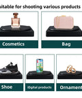 360 Degree Motorized Rotating Display Stand For Photography Products showcasing cosmetics, bags, shoes, digital items, and ornaments.