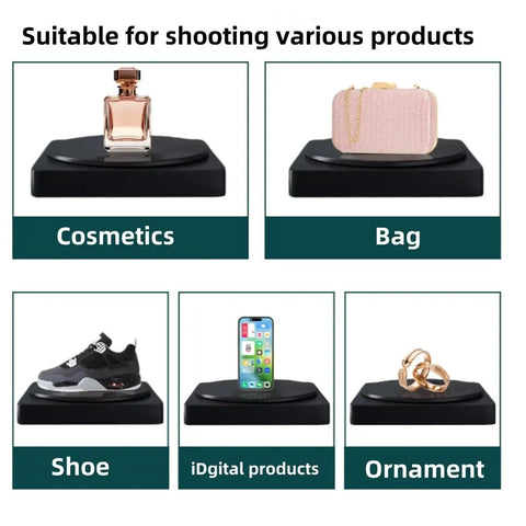 360 Degree Motorized Rotating Display Stand For Photography Products showcasing cosmetics, bags, shoes, digital items, and ornaments.