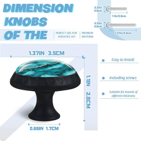 Slick Turquoise Crystal Cabinet Knobs 3.5cm with black plastic base for kitchen drawers or bathroom vanity, includes screws.