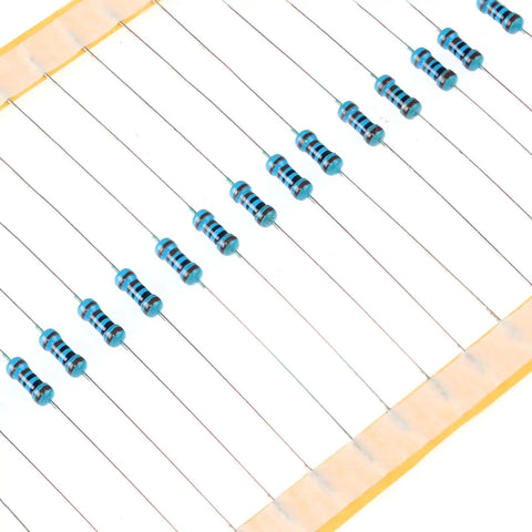 Close-up of resistors from 2600-Piece One Quarter Watt Metal Film Resistor Kit With 130 Values From One Ohm To Three Megaohm, One Percent Tolerance, Breadboard Friendly Assortment For DIY Electronics Repairs Projects And Pro Builds