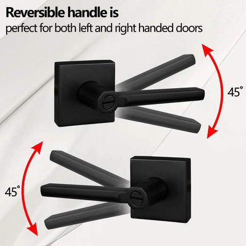 5 Pack Aged Matte Black Bed And Bath Door Lever Set With Privacy Lock showing reversible handle design with 45° angles