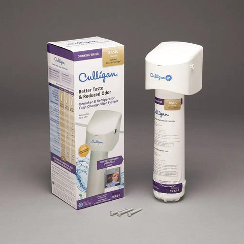EZ Change Inline Icemaker And Refrigerator Water Filter System box and cartridge with quick connect fittings on display