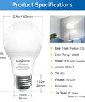 A19 LED Light Bulbs 60W Equivalent, 5000K Daylight White, E26 Base, Non Dimmable, specifications and room setup