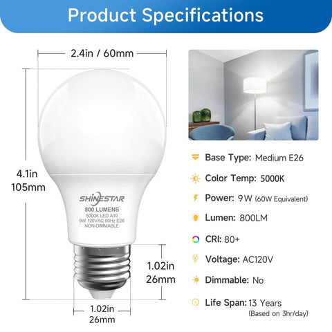 A19 LED Light Bulbs 60W Equivalent, 5000K Daylight White, E26 Base, Non Dimmable, specifications and room setup