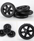 Two Pack 5 Inch Diameter Rubber Foam Shopping Cart Wheels Replacement for grocery carts and trolleys, black, stack of wheels