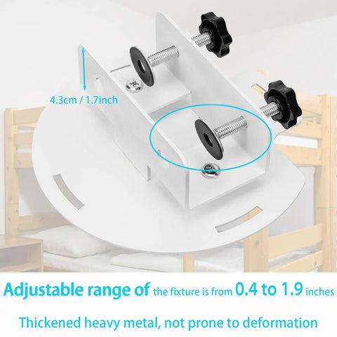 Universal Bed Fan Holder With Solid Grip Clamps Adjustable Bracket showing metal clamps with adjustable screws for loft beds.