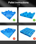 Image showing four blue plastic pallet designs with instructional checkmarks and crosses indicating correct usage.