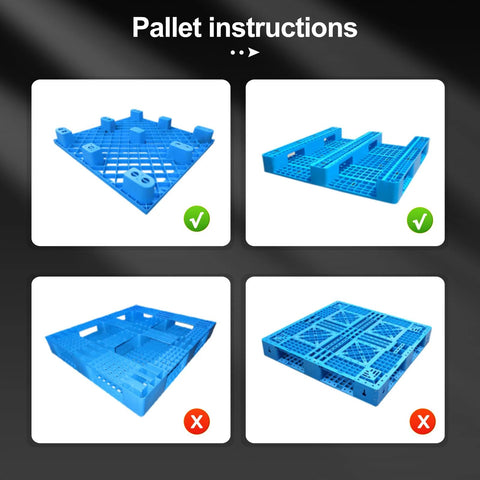 Image showing four blue plastic pallet designs with instructional checkmarks and crosses indicating correct usage.