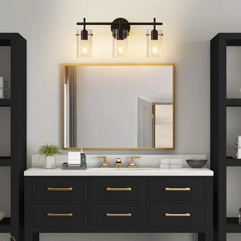 Three Light Matte Black Vanity Light With Clear Glass Shades For Bathroom Mirror Over Vanity And Beyond Perfect Wall Sconce