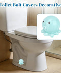 Set Of Two Blue Ceramic Octopus Toilet Bolt Covers Decorative Floor Screw Caps Fits Standard Plumbing Zero Fuss Install Slick Look Hides Rusty Bolts Total Vibe For A Snappy Bathroom Refresh, displayed on a toilet.