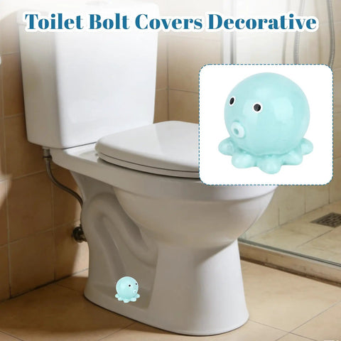 Set Of Two Blue Ceramic Octopus Toilet Bolt Covers Decorative Floor Screw Caps Fits Standard Plumbing Zero Fuss Install Slick Look Hides Rusty Bolts Total Vibe For A Snappy Bathroom Refresh, displayed on a toilet.