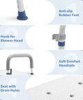 Features of Swivel Shower Chair With Drop Arms And Back For Inside Showers: anti-slip feet, shower head hook, comfort handrails.