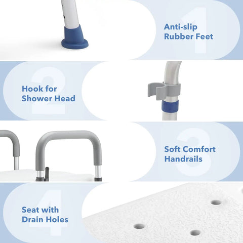 Features of Swivel Shower Chair With Drop Arms And Back For Inside Showers: anti-slip feet, shower head hook, comfort handrails.