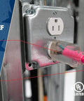 Pink Heavy Duty Outdoor Extension Cord 50 Ft 12 Gauge 3 Conductor SJTW Lighted End plugged into metal outlet