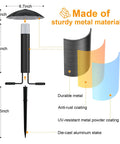 Diagram showing dimensions and materials of the 8 Pack Low Voltage Landscape Lighting Kit With EZ All In One Setup For Quick Install Dusk To Dawn Auto On Off Timer 3W Outdoor Waterproof Metal Pathway Lights For Garden Yard Walkway Driveway ETL Transformer Remote Stakes Included, highlighting durable metal and anti-rust coating features.